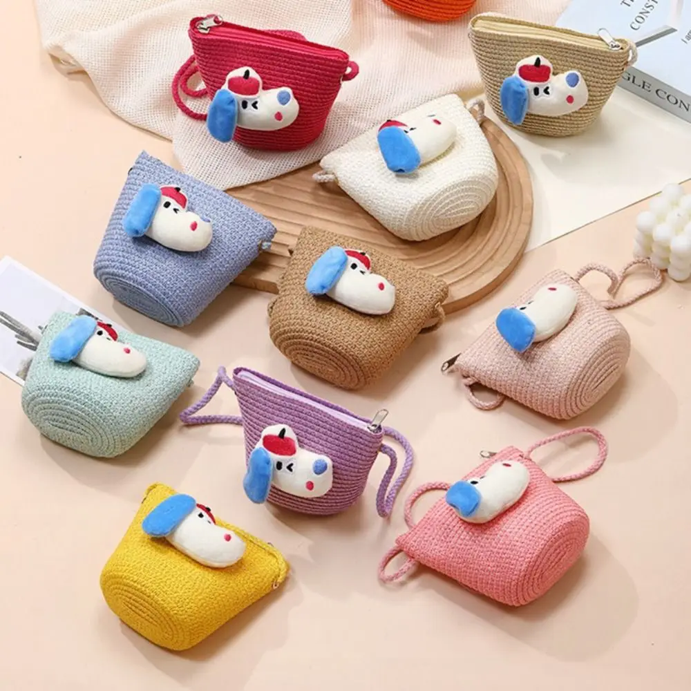 

Fashion Cartoon Puppy Woven Bag Handmade Solid Color Summer Beach Shoulder Bag Photo Props Zipper Kids Coin Purse