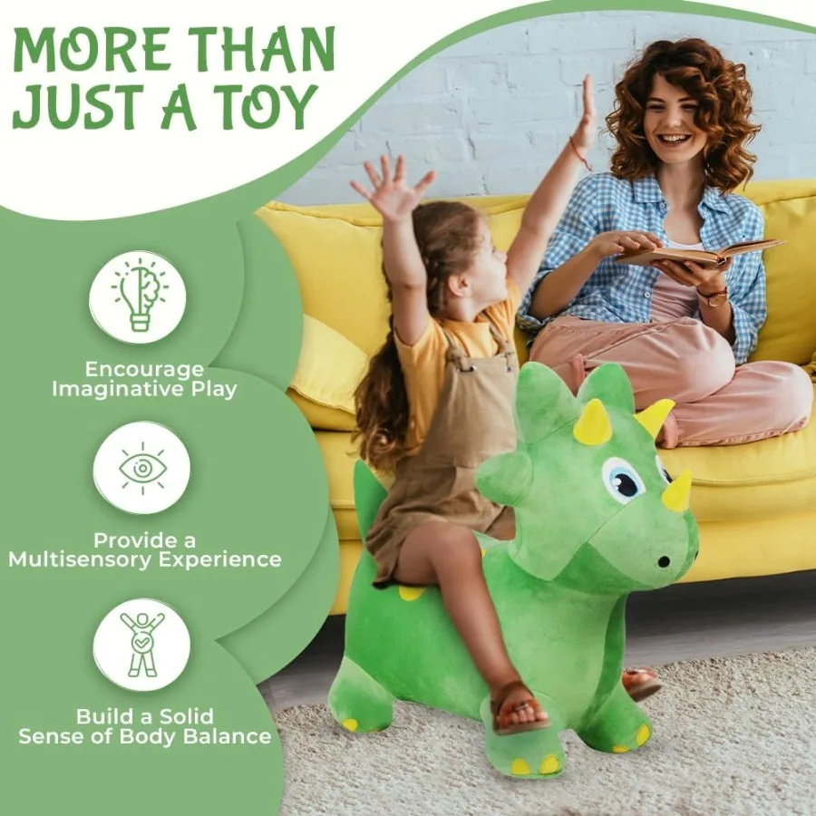 ぬいぐるみグリーン恐竜バウンス乗用玩具、ポンプ付きインフレータブルホッパー、幼児用おもちゃ、屋内外遊びに最適、安全で柔らかいデザイン
