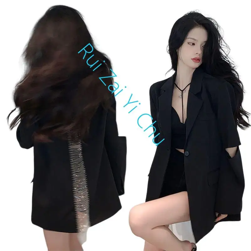 Blazer feminino preto oco sem costas, jaqueta de manga comprida, tops soltos, moda nova, roupas de tendência, primavera, outono