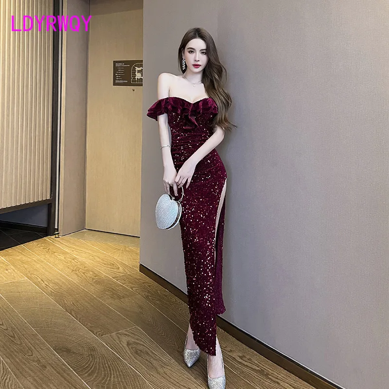 

Sexy strapless, hip hugging, slit shaped, irregular women's long dress, nightclub backless, slim fitting, evening gift