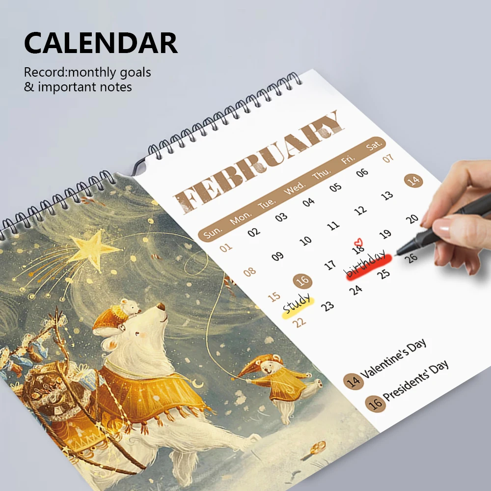 

1pc 2026 Hand-Drawn Illustration Fairy Tale Calendar, 12 Unique Designs, Perfect Gift for Birthdays, Christmas, New Year
