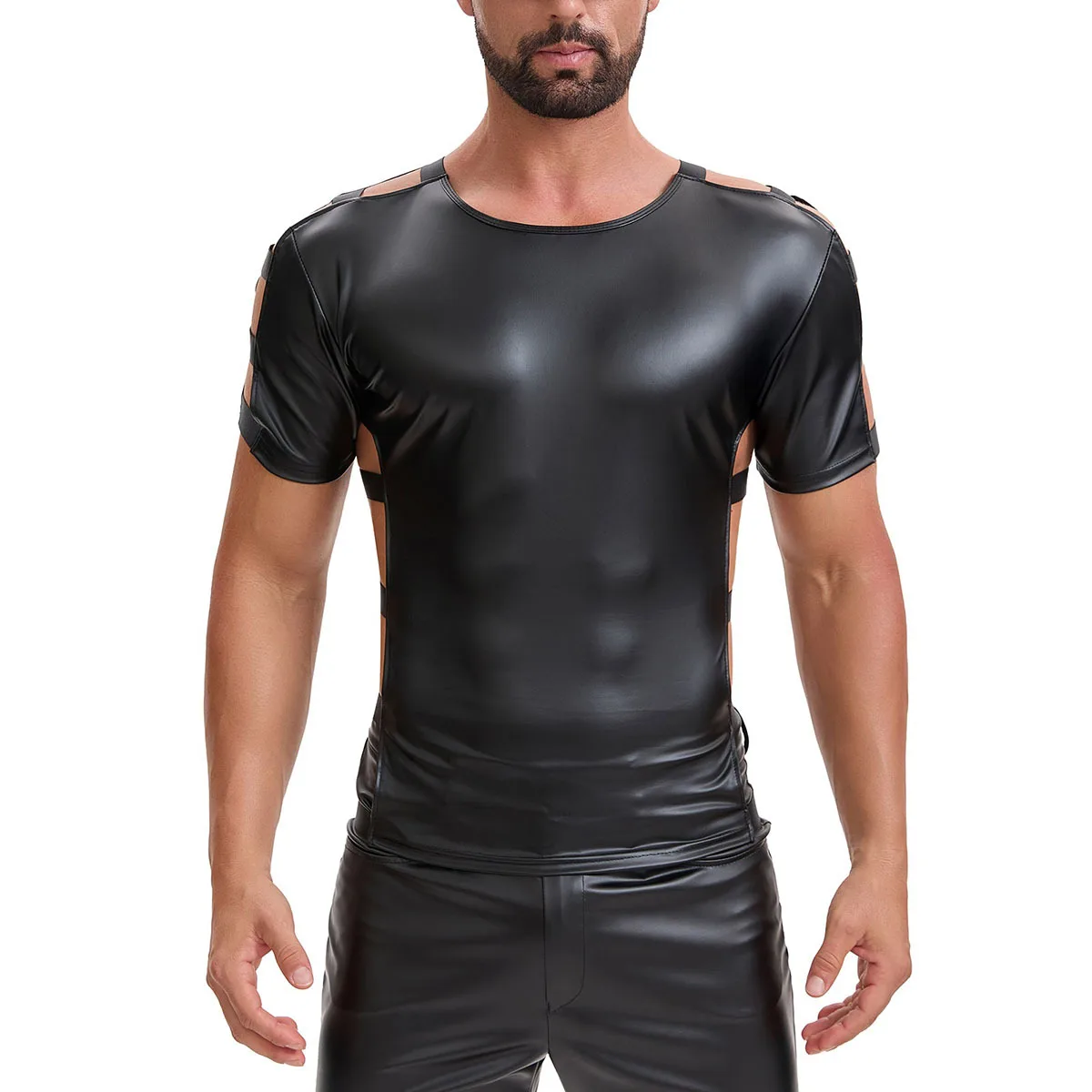 メンズマットレザー半袖ストラップtシャツ中空デザインスリムフィット弾性セクシーナイトクラブトップ