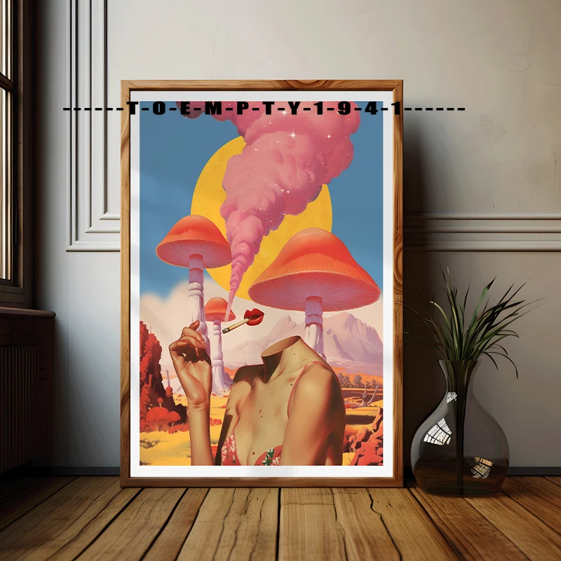 Retro Surreal Smoking Weed Poster Canvas Printing Mushroom Art Weed Art Vintage Wall Print Trippy Room Home Wall Aesthetic Decor