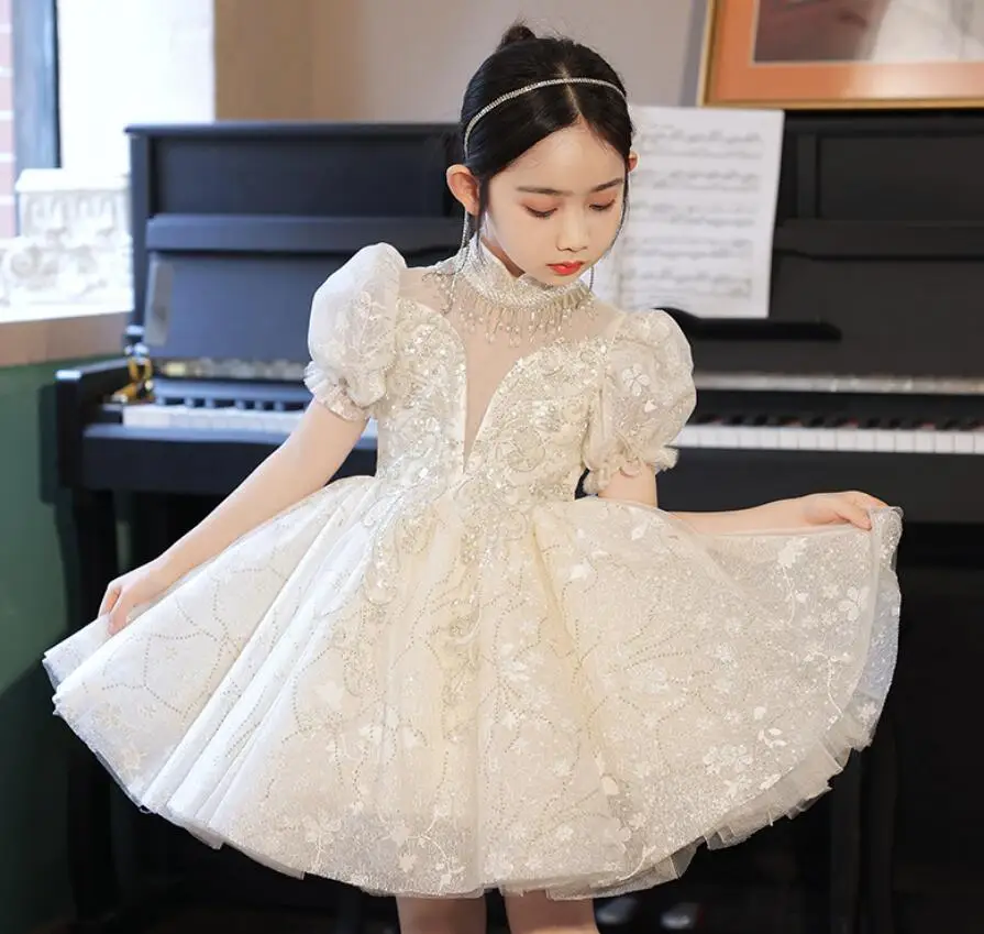 Flower Girl Wedding Princess Dress Elegant Children Birthday Party Fluffy Ball Gown Little Girl Piano Performance Costume y532