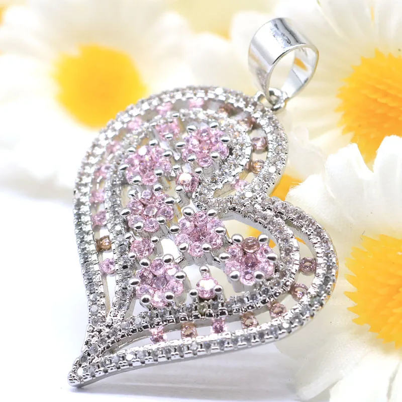 Buy 5 Get 1 Free 42x29mm Big Heart Shape 6.4g Pink Kunzite White Sapphire Women Present Silver Pendant