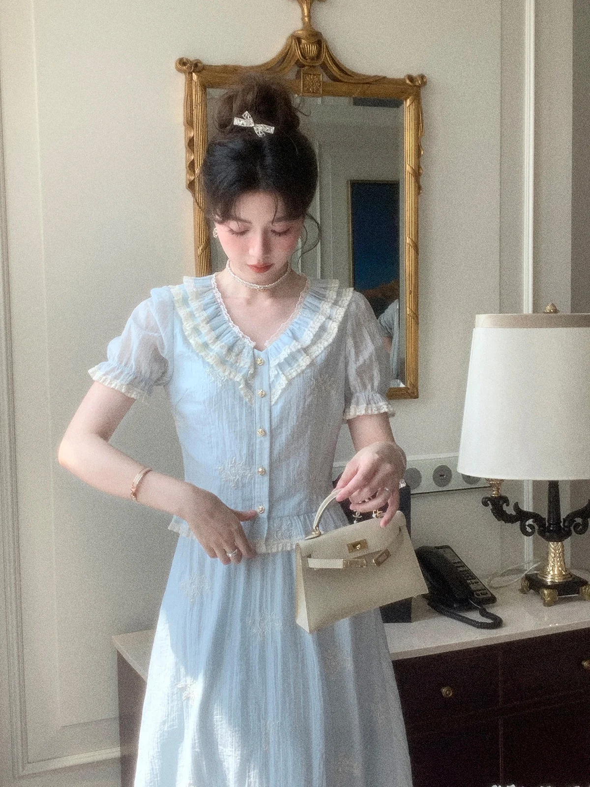 

Blue V-neck Top And Skirt Set Elegant Summer Outfit for Women Short Sleeve Button-up Shirt Casual Vacation Wear