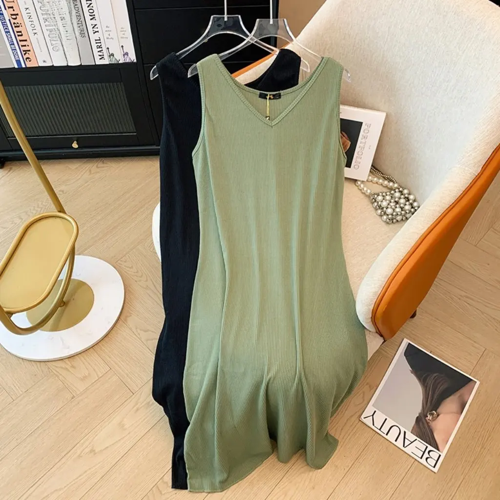 Vestido de malha feminino extra grande, sem mangas, capacidade de 150kg, elegante, comprimento médio, aparência emagrecedora para primavera e outono