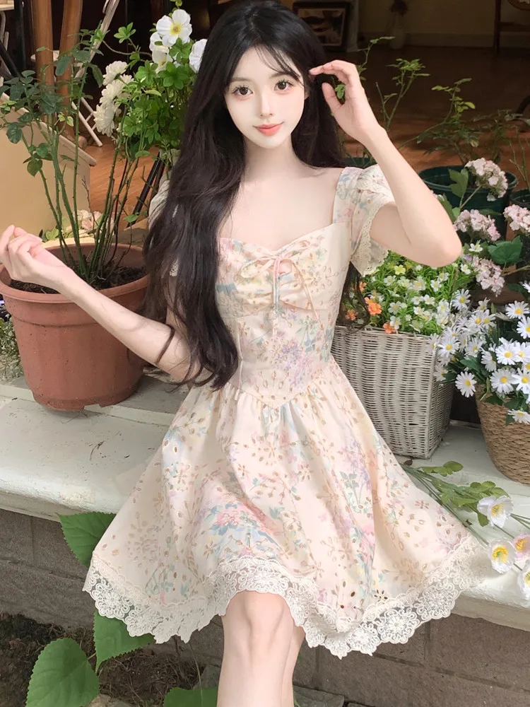 French Embroidered Hollow Out Square Neck Dress For Women\'s Summer Sweet Lace Up High Waist Slim Long Dresses  Female Clothing