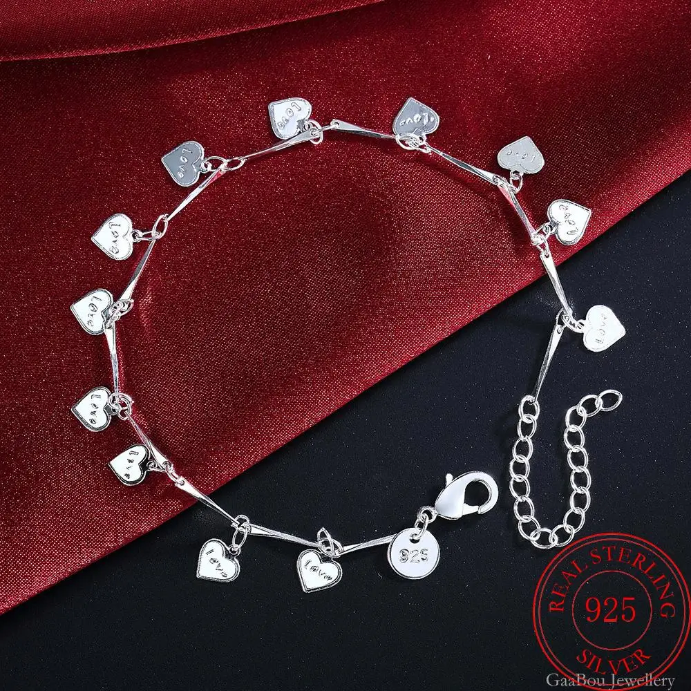 925 Sterling Silver Bracelet  Lucky Love Letter Heart Fashion Chain Linked For Women Charm Bangle Jewelry Pulseira Christmas