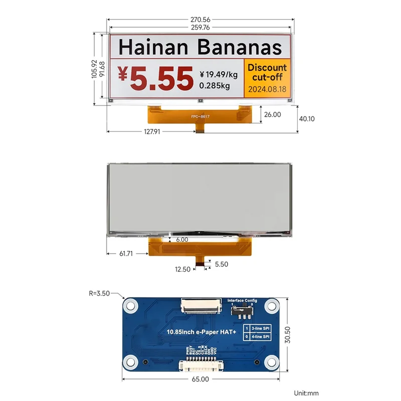 For Raspberry Pi 10.85Inch E-Paper Display HAT SPI Interface High-Resolution 1360X 480 Lightweight &Low Power Consumption-N34R
