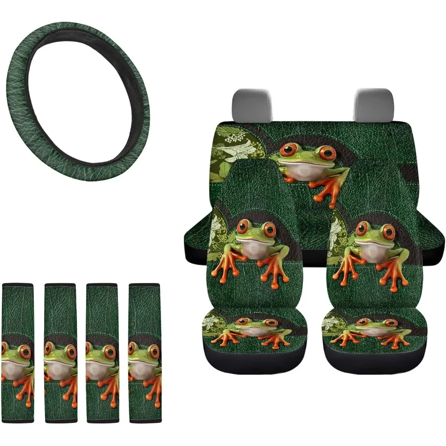 

Чехол на автомобильное сиденье с принтом лягушки, полный комплект, 9-компонентные аксессуары для салона автомобиля для внедорожников и седанов с высокой задней частью переднего и заднего сиденья Cov