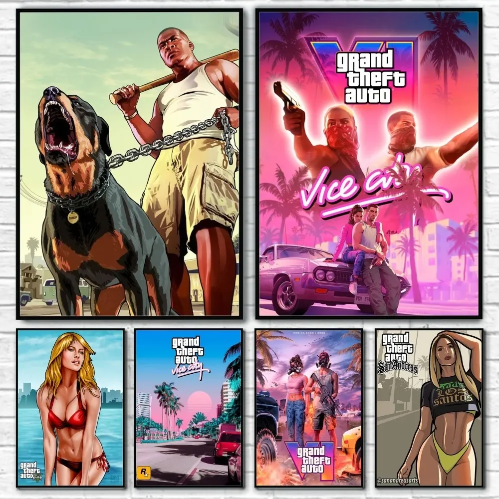 Decor Theft Auto GTA Video Game Poster Sticky Wall Art Printing Waterproof Home Living Bed Room Bar Aesthetic Decor