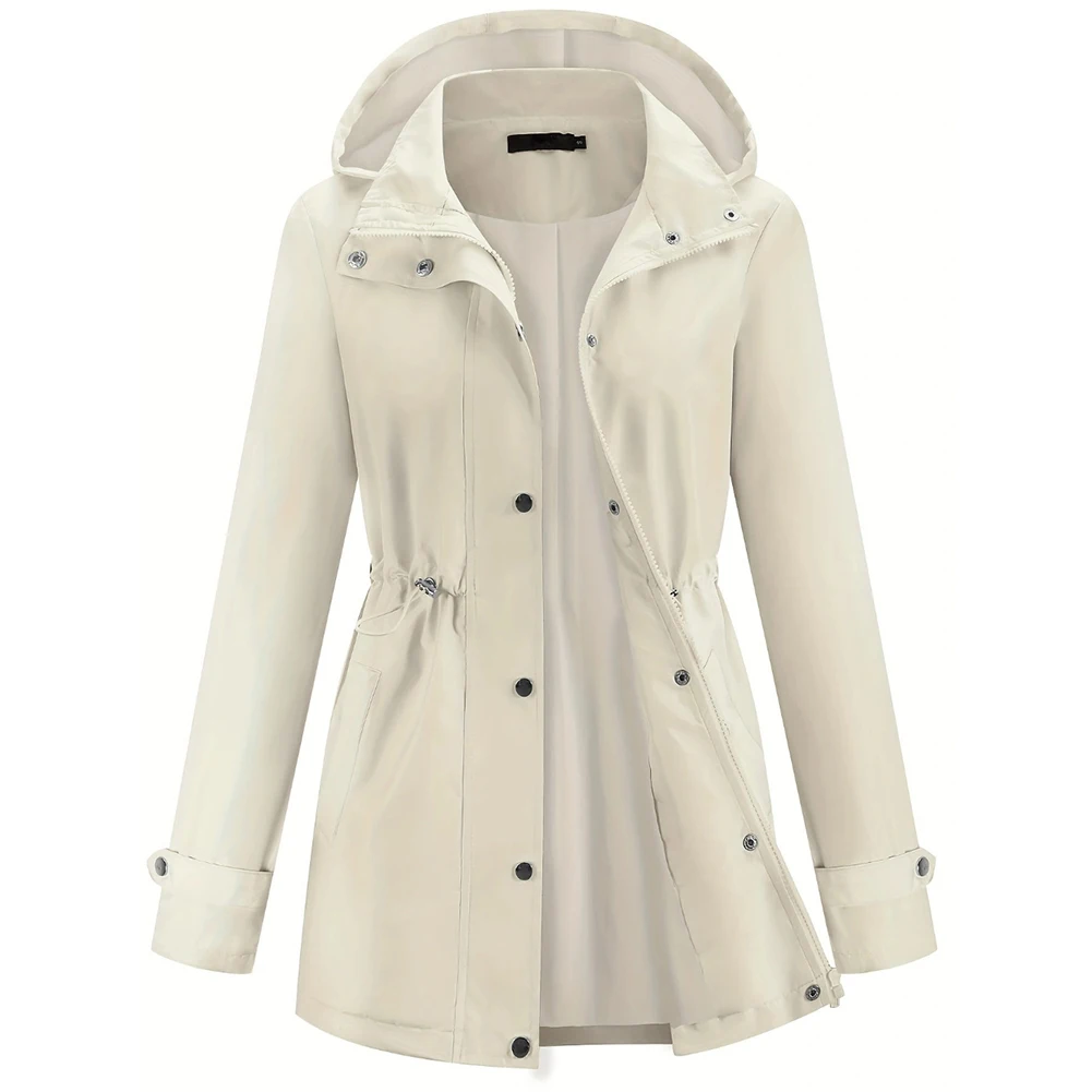 Womens Medium Stretch Hooded Trench Coat with Stand Collar Snap Buttons Windproof Fabric and Drawstring Waist Band