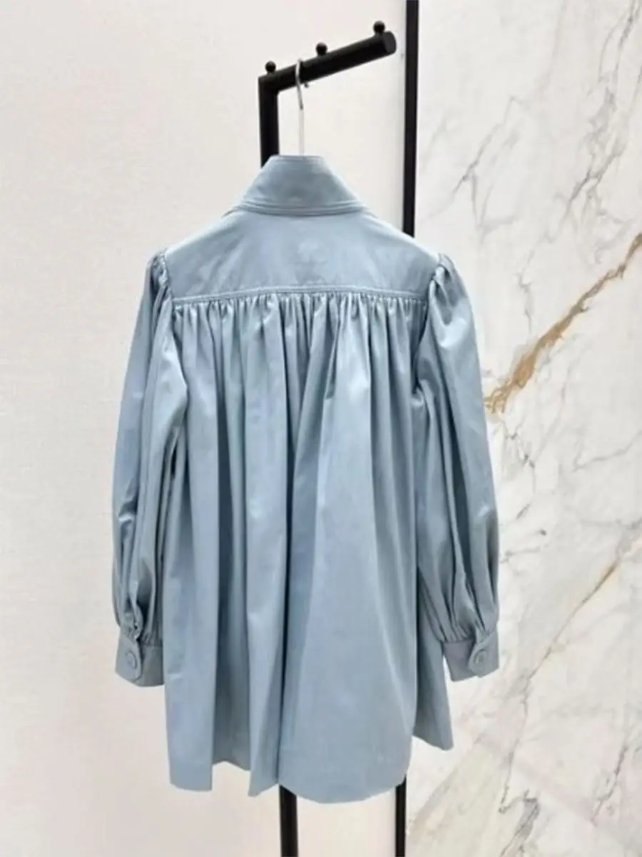 GALCAUR Blauw Gesplitste Plooien Basics Jas Vrouwelijke Revers Lange Mouw Losse Ontwerp Kantoor Dame Damesjassen Mode Herfst Nieuwe