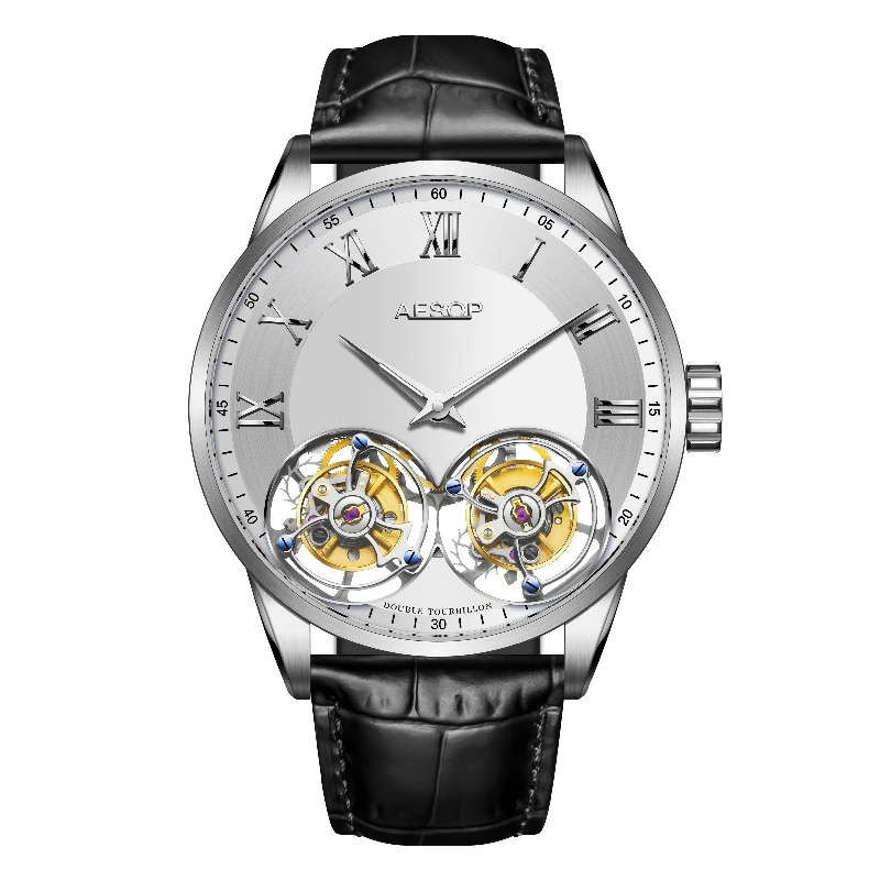 Aesop Luxury Dual Tourbillon Mechanical Watch for Men Sapphire Manual Flying Tourbillon Wristwatches Mens horloges mannen 7026