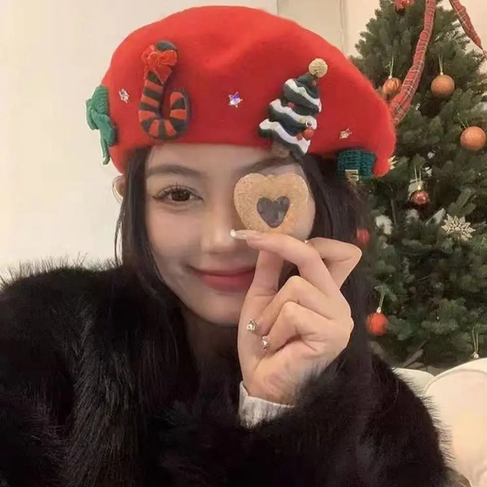 Christmas Elements Beret Hat Red Green Color Painter Beret Hat Women`s Warm Fabric Bow Design Painter Beret Hat Wool Felt Hat