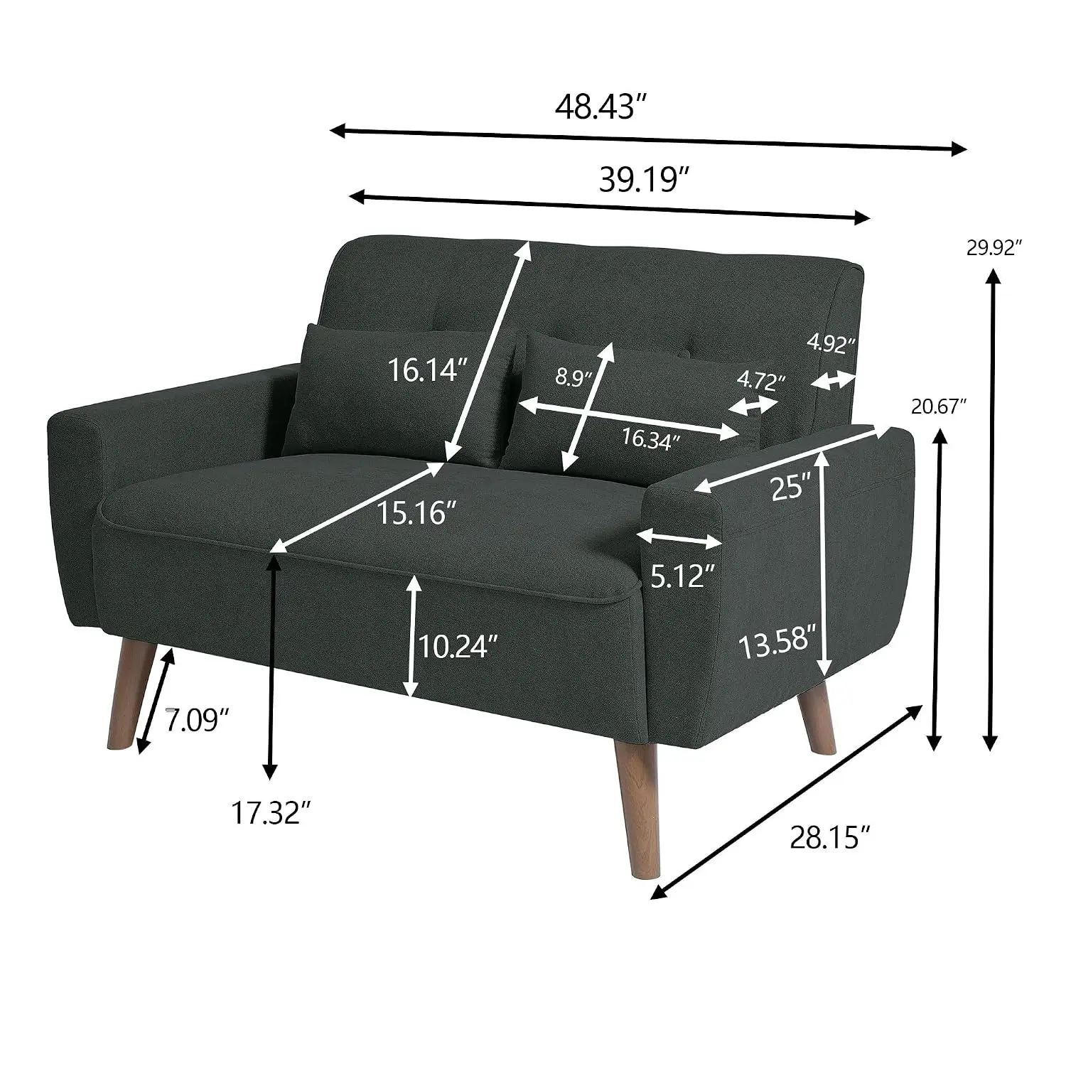 Loveseat Sofa Couch with Two Throw Pillows, Mid Century Modern 2 Seat Love Seat Couches for Living Room, Linen, Customized