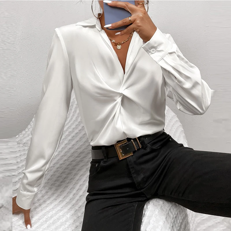 Autumn Lapel White Shirt Women Elegant Commuting Tops Fashion Casual V Neck Long Sleeve Blouses Blusas