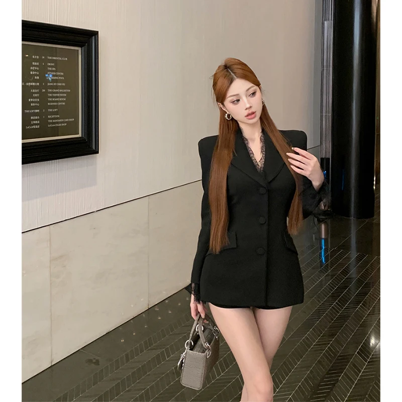 MEXZT 우아한 블랙 블레이저 여성 패션 레이스 패치 워크 정장 비즈니스 자켓 사무실 숙녀 한국 통근 코트 디자인 겉옷