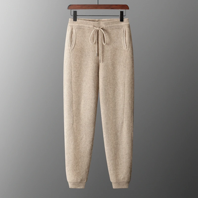 New Men Knitted Pleated Ankle Pants 100% Pure Wool Plane Thicken Pants Pocket Decoration High quality Warmth Ventilate Long Pant