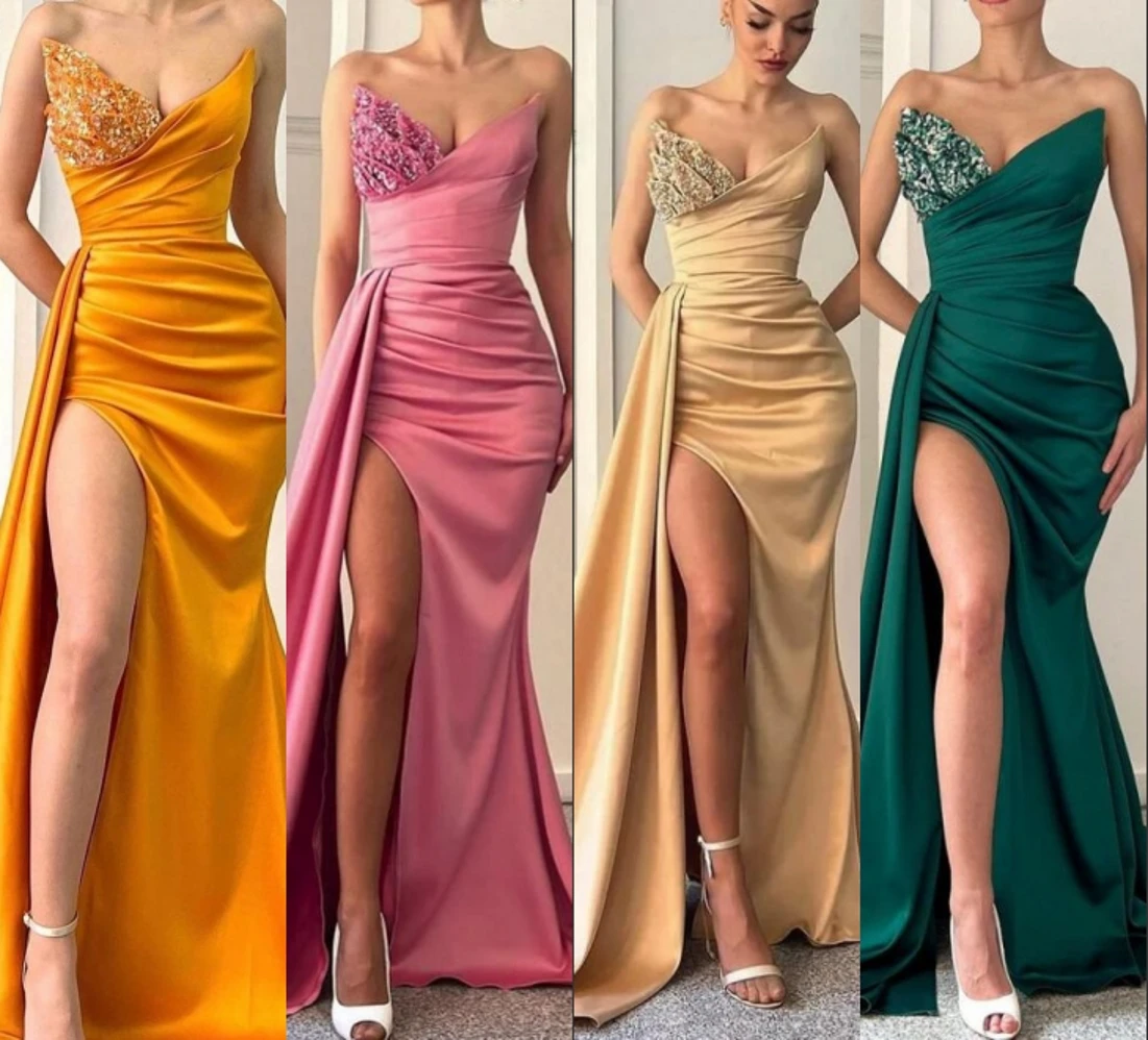 Colorful Prom Dresses Strapless Pleated Gown Evening Dress Women Shiny Satin Party Prom Dresses Split Beaded Customized P25123