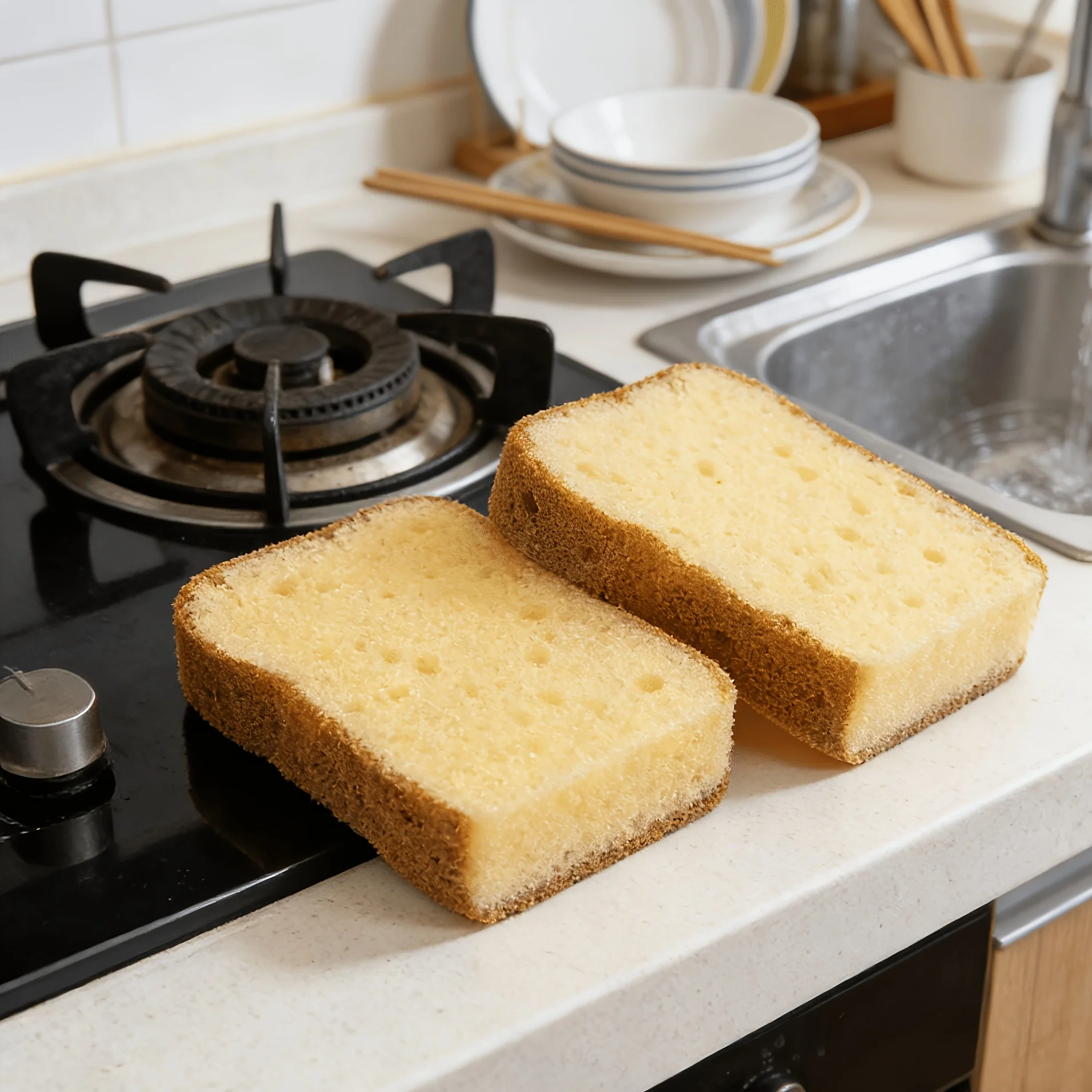 2pcs Cute Toast Bread Double-Sided Creative Household Decontamination Japanese-Style Kitchen Cleaning Wipe Dishwashing Sponge