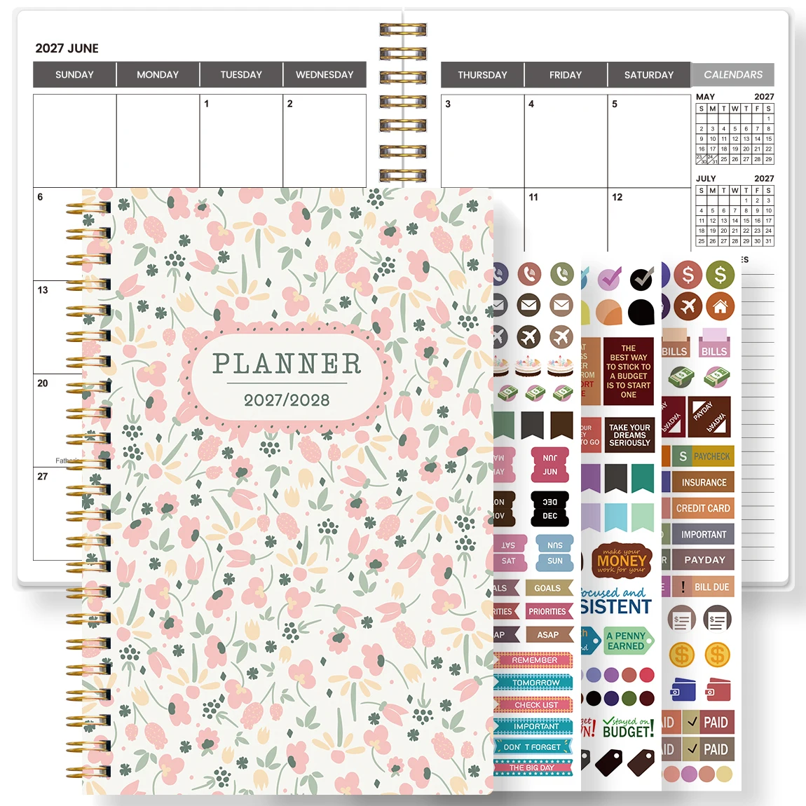 1PC 2027-2028 A5 Monthly Planner Notebook with Stickers, Pink Floral Spiral Organizer for Work, School, Home & Daily Planning