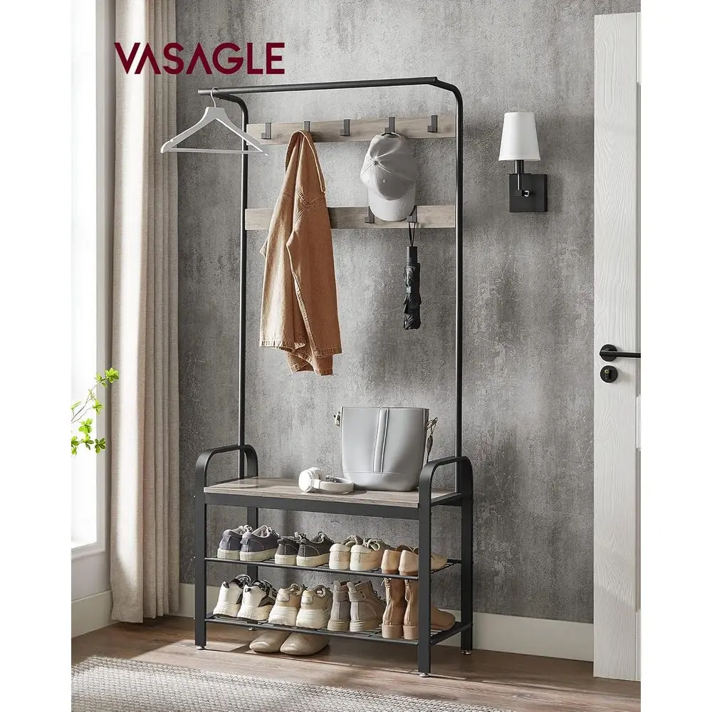 4-in-1 Coat Rack, Hall Tree with Shoe Bench, Entryway Bench, 9 Removable Hooks, Hanging Rod, 13.3 x 33.1 x 72.1 Inches, Greige a