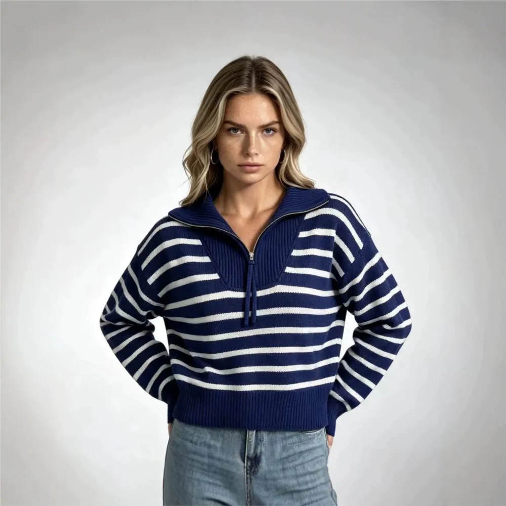 MsChuh Women's Jumper Pulls Femmes Winter Clothes Woman All-match Loose Simple Style Sweater Comfortable Striped Contrast Daily