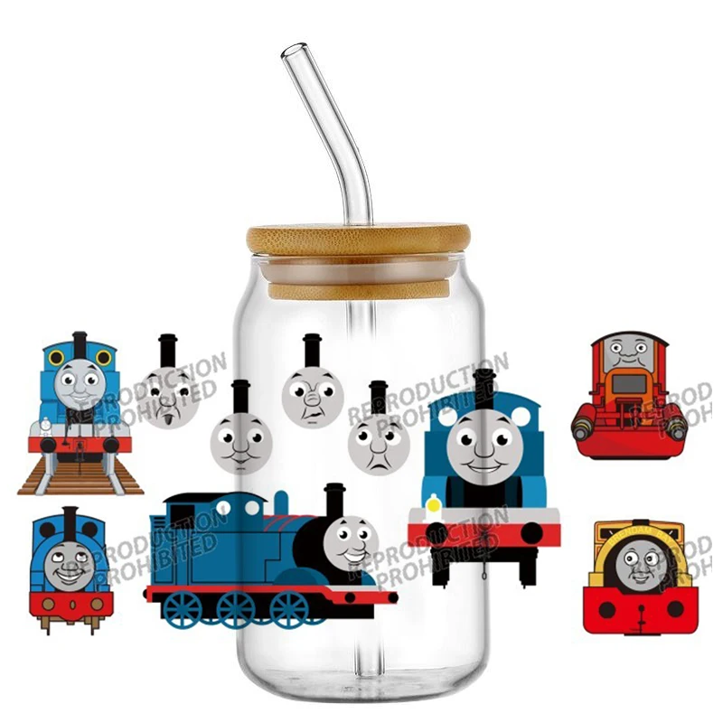 الكرتون قطار توماس UV DTF نقل ملصق ل 16 أوقية كوب يلتف الزجاج ليبي يمكن زجاجة ذاتية اللصق قابل للغسل لتقوم بها بنفسك الشارات المخصصة