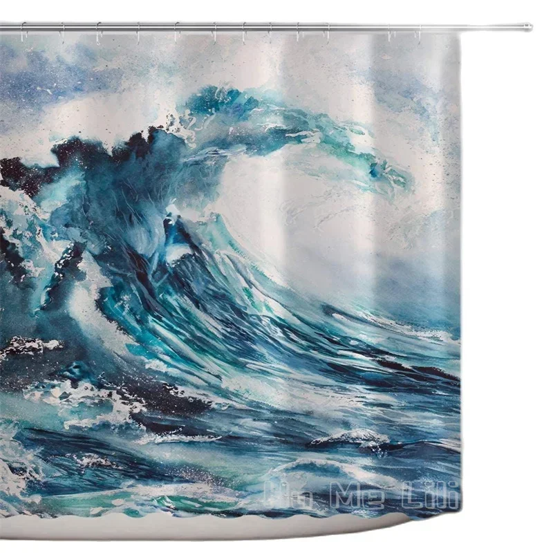 Sea Wave Watercolor Painting Print Polyester Fabric Bathroom Decor Set With Hooks Blue