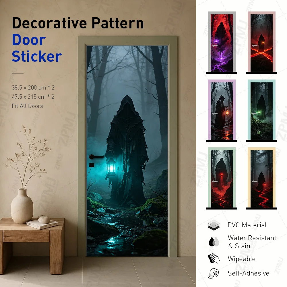 Dark Cloaked Figure Door Decal,Misty Forest Lantern Scene,PVC Self-Adhesive Waterproof Wipeable Sticker for Halloween Home Decor