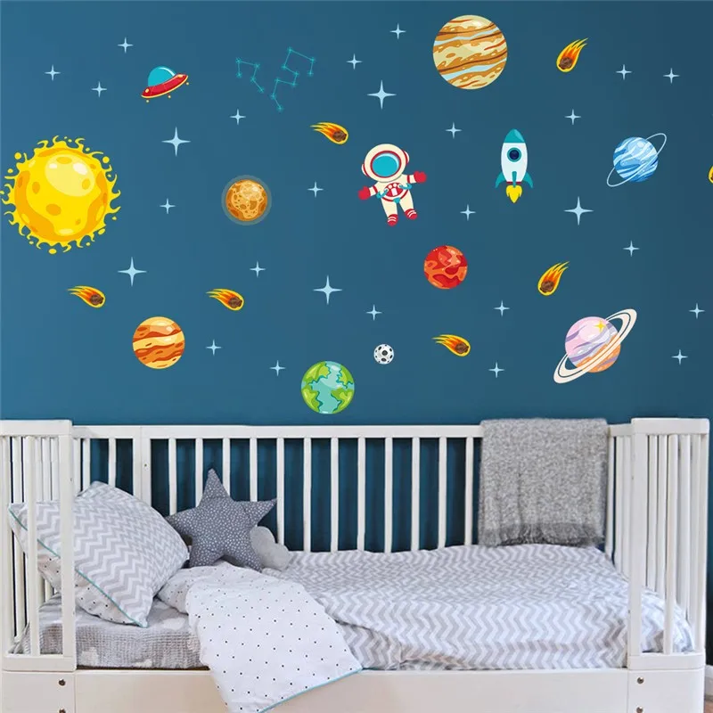 Cartoon Planet Rocket Constellation Wall Stickers For Kids Bedroom Home Decoration Space Mural Art Nursery Decals Pvc Posters