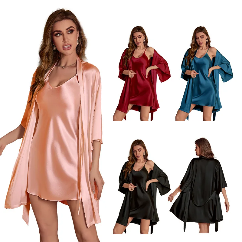 Two Piece Bathrobe Gown Suit Women Nighty&Robe Set Nightgown Lingerie Summer Lady Silky Satin Kimono Sleepwear Home Clothes