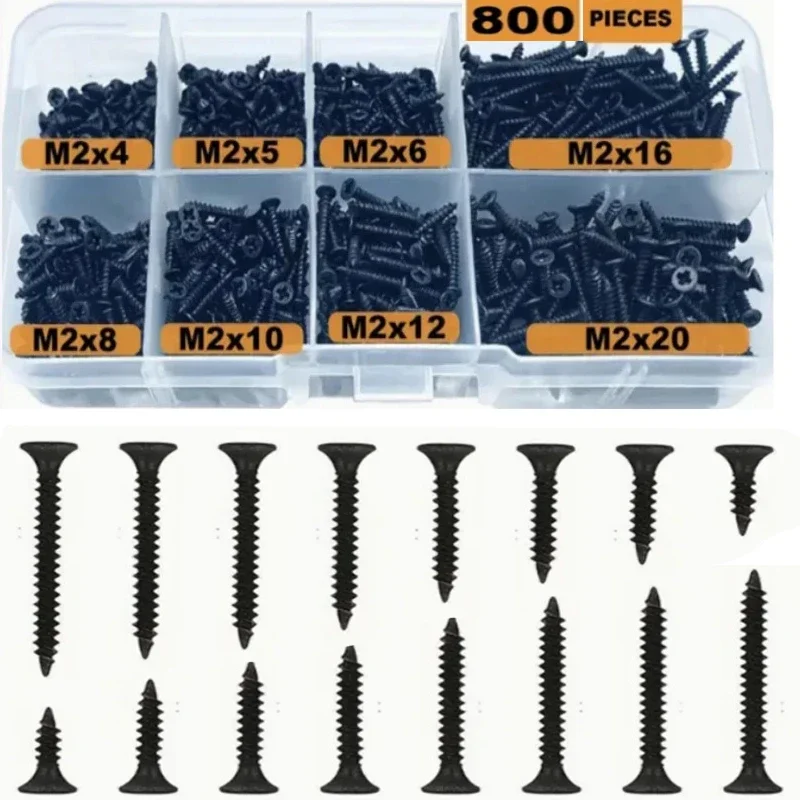 

M2 Black Cross Countersunk Head Flat Head Self Tapping Screw Combination Carbon Steel Black Phillips Mini Screw 800PCS