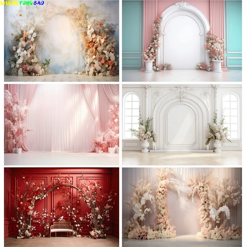 

Aesthetic Flower Wreath Decoration Indoor White Background Fantasy Wedding Curtain Photography Backdrop Photo Studio Props SG-12