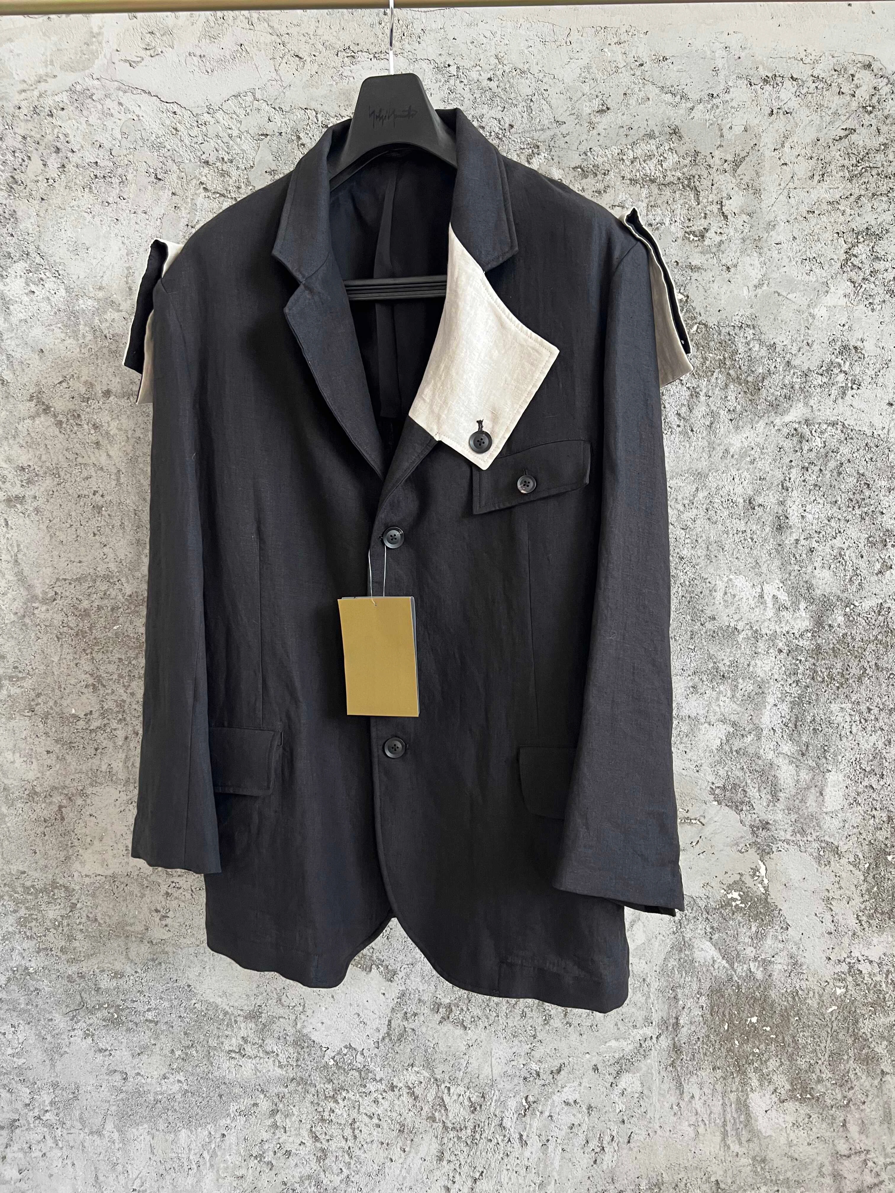 

TOP-YAMAMOTO Eye Hand linen patchwork patchwork suit black and white irregular fringed suit jacket runway show