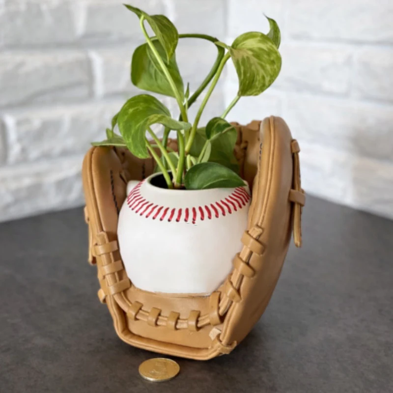 Baseball Glove Flower Pot Creative Baseball Shape Resin Planter Sports Theme Mini Succulent Plant Pot Desktop Decor