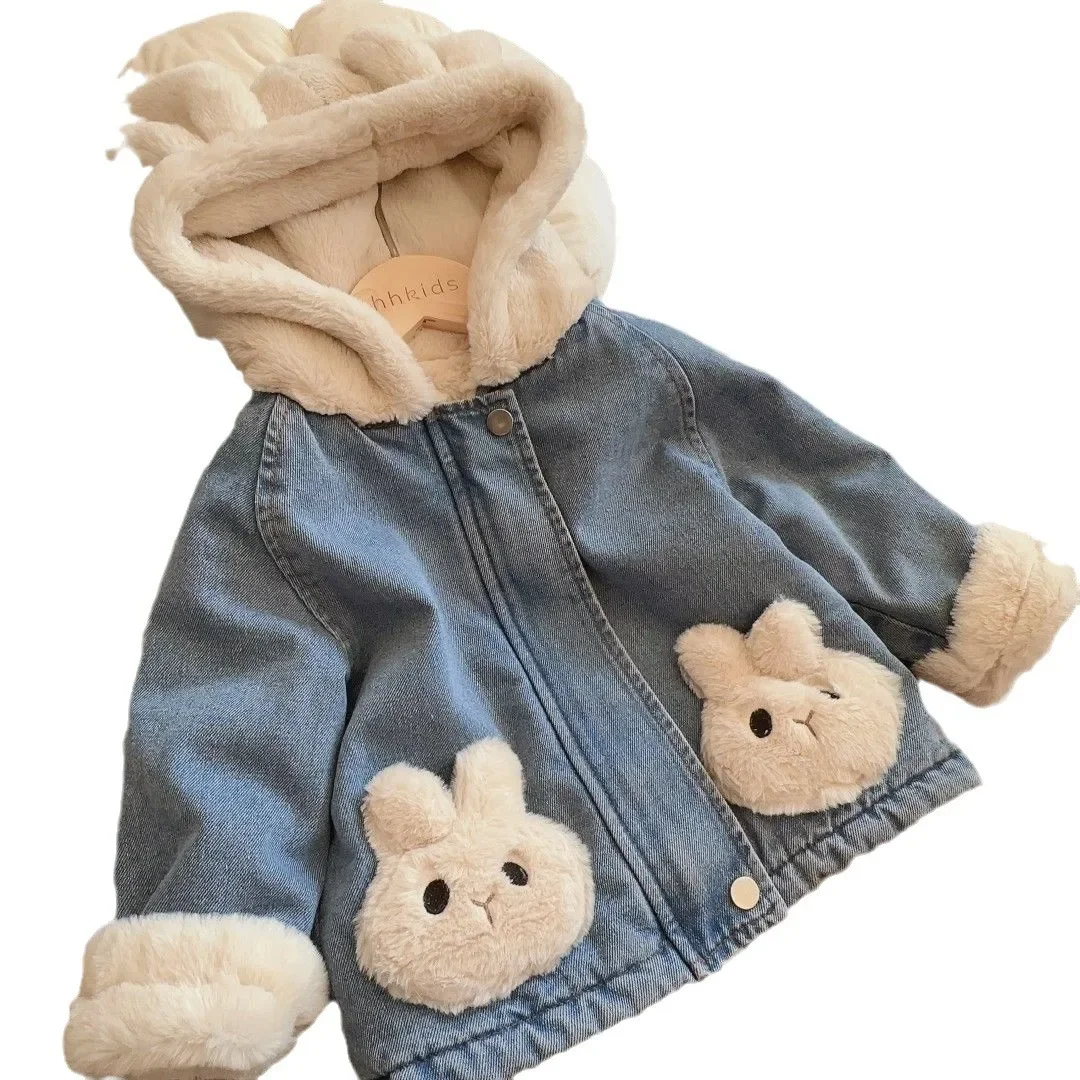 Autumn Winter Thicken Warm Baby Girls Denim Jacket Cute Plush Rabbit Ears Hooded Coats For Girl Children Outerwear Clothing 2-8Y