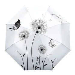 Dandelion Butterfly Black White Creative Umbrella Rain Women Automatic Three Folding Umbrellas Windproof Parasol Parapluie