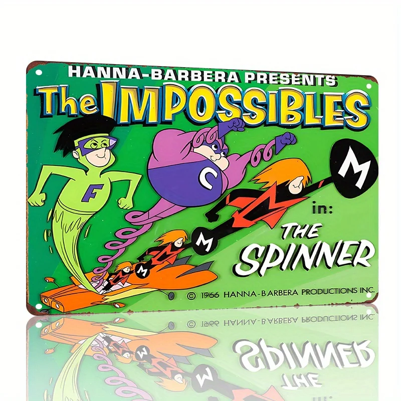 Hanna-Barbera The Impossibles: Spinner Vintage Metal Tin Sign - Arte de parede colecionável retrô com Desi embalado por ação vibrante