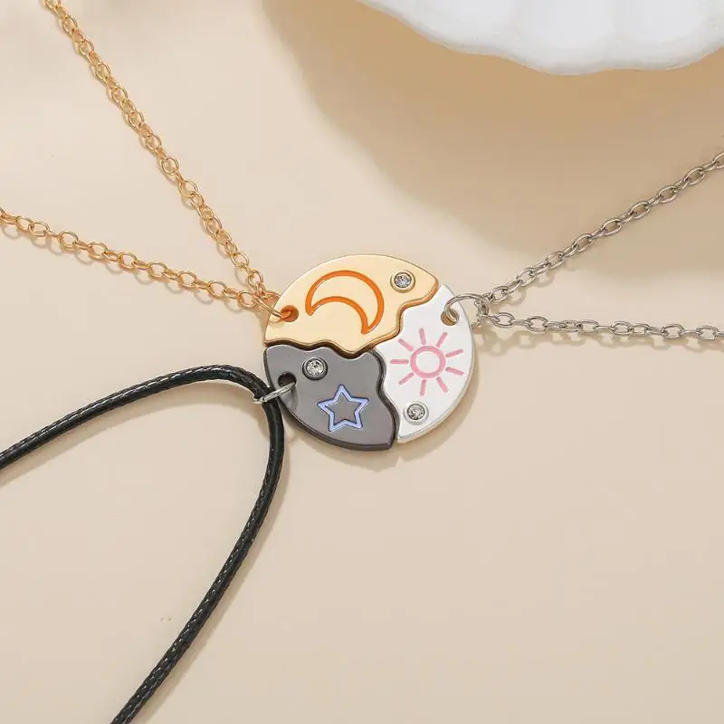 3Pcs Sun Moon Star Rhinestone Puzzle Necklaces BFF Couple Friendship Jewelry Daily Gift For Friends Lovers Casual Accessory