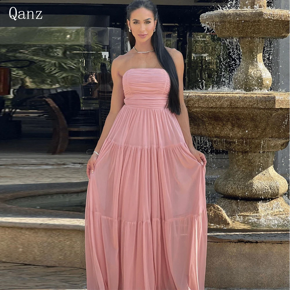 

Qanz Dirty Pink Formal Party Dress Chiffon A Line Ruched Pleat Evening Gowns Strapless Club Dress Robe De Soiree Vestido Fiesta