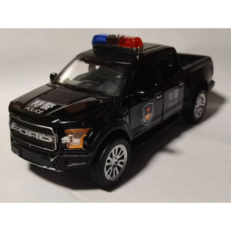 Camião Ford Classic Metal para crianças, escala 1:32 carro de polícia Diecast, luz para trás, carros modelo, presentes de brinquedo, coleção