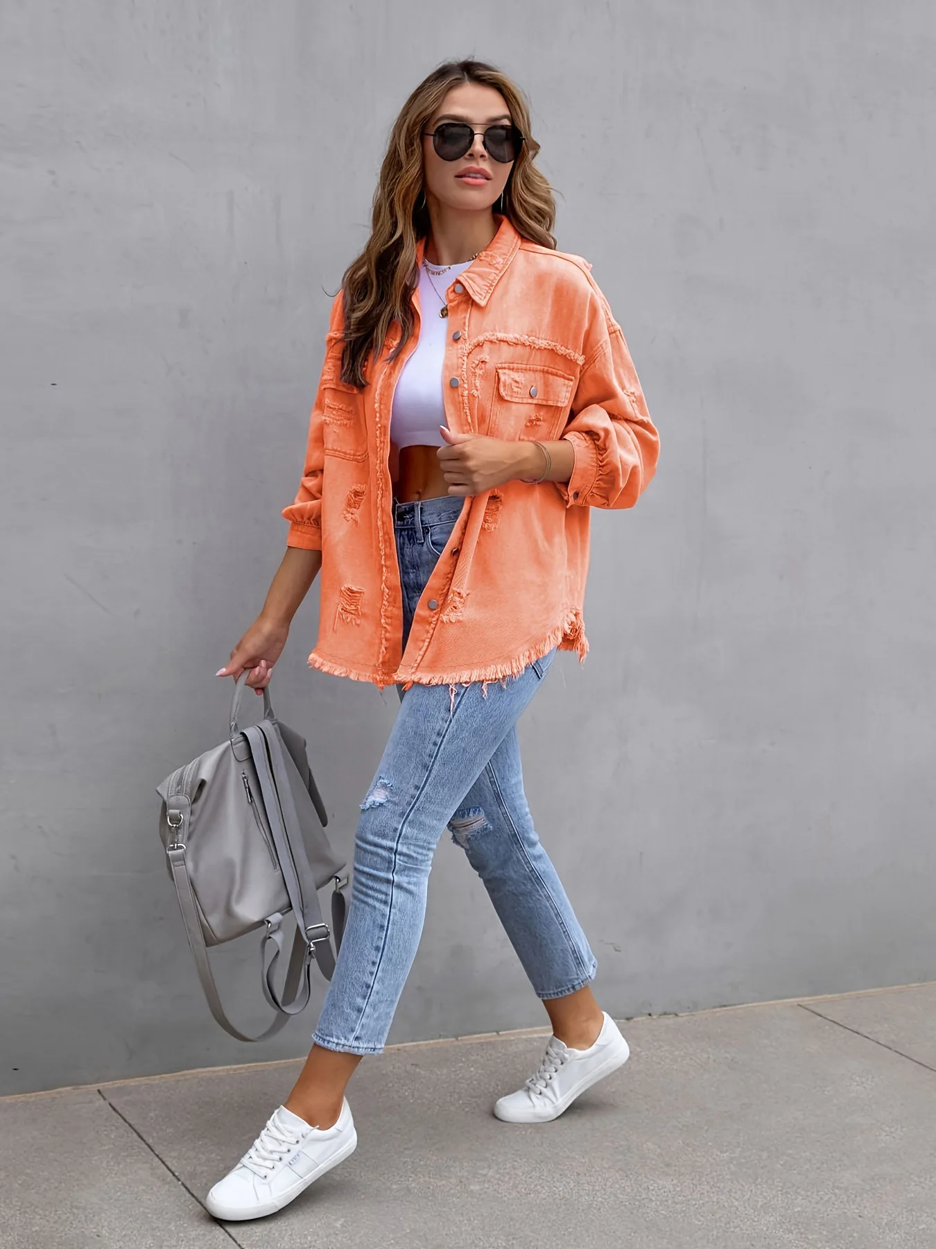 Csa jeans fena de manga crida, estilo street sle, foada, cor sólida, casual, para uso externo.