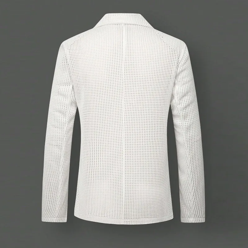 KIDWHXR Summer Men Suit Coat Thin Mesh Loose Breathable Knitted Male Blazer Single-breasthed Lightweight Casual Man Outerwear