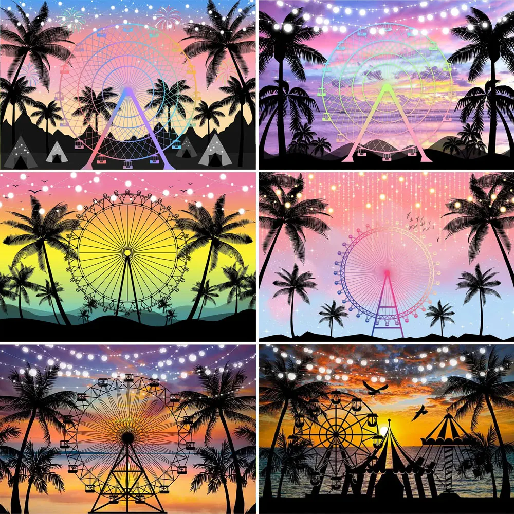 Seaside Sunset Ferris Wheel Birthday Party Decorate Musical Festival Wedding Photo Background Coconut Tropical Hawaii Holiday