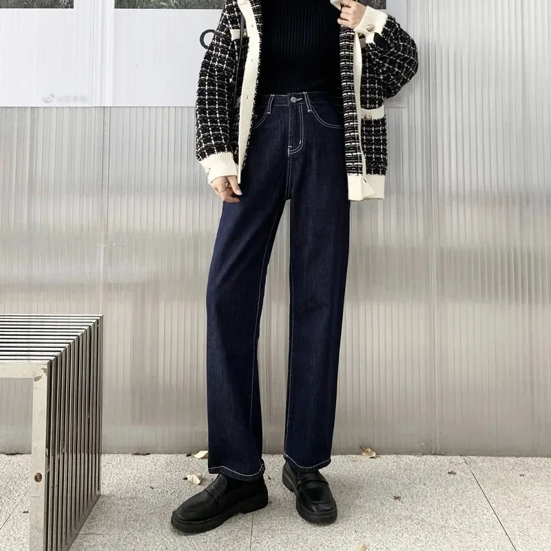 Women Jean Straight Pants Denim Washing High Waist Loose Fit Pockets Basics Ankle Length Jeans Solid Color Casual 2024 Trousers