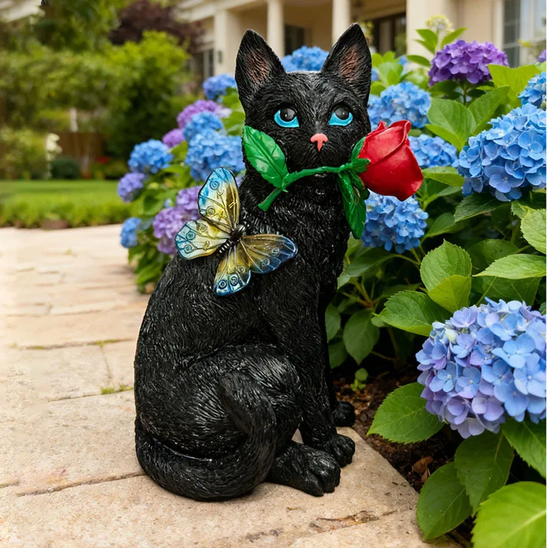 Creative Resin Rose Cat Sculpture Ornaments Outdoor Courtyard Balcony Micro Landscape Animal Furnishings Craft Garden Decoration