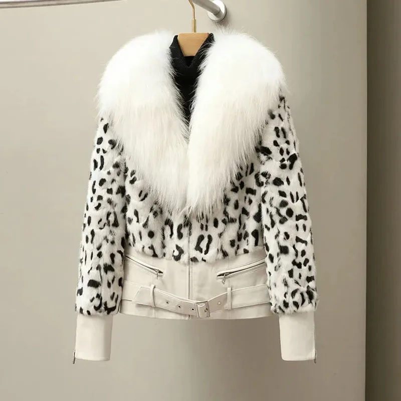 Temperament Women Fur Coat 2024 New Winter Fur Leopard Coat Fox Fur Collar Imitation Fur Fashion High Quality Women Fur Coat H23